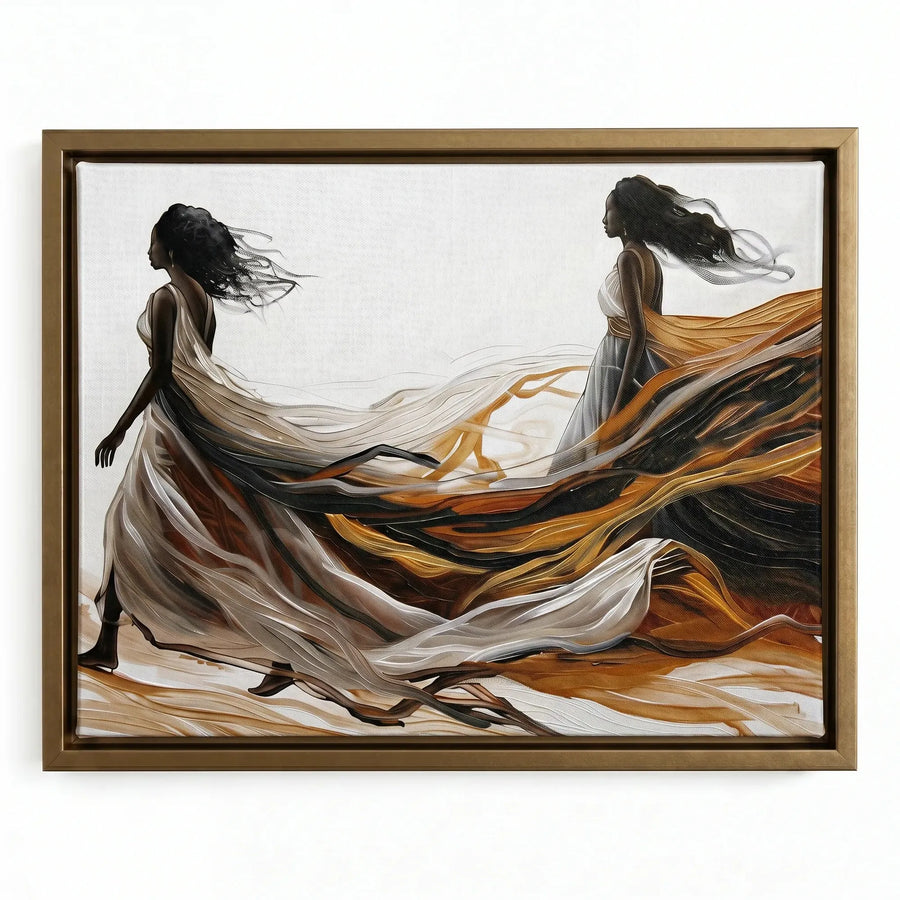 Urban Black aesthetic wall art in gold floating frame, abstract two Black women walking through earthy fabric. Digital mockup.