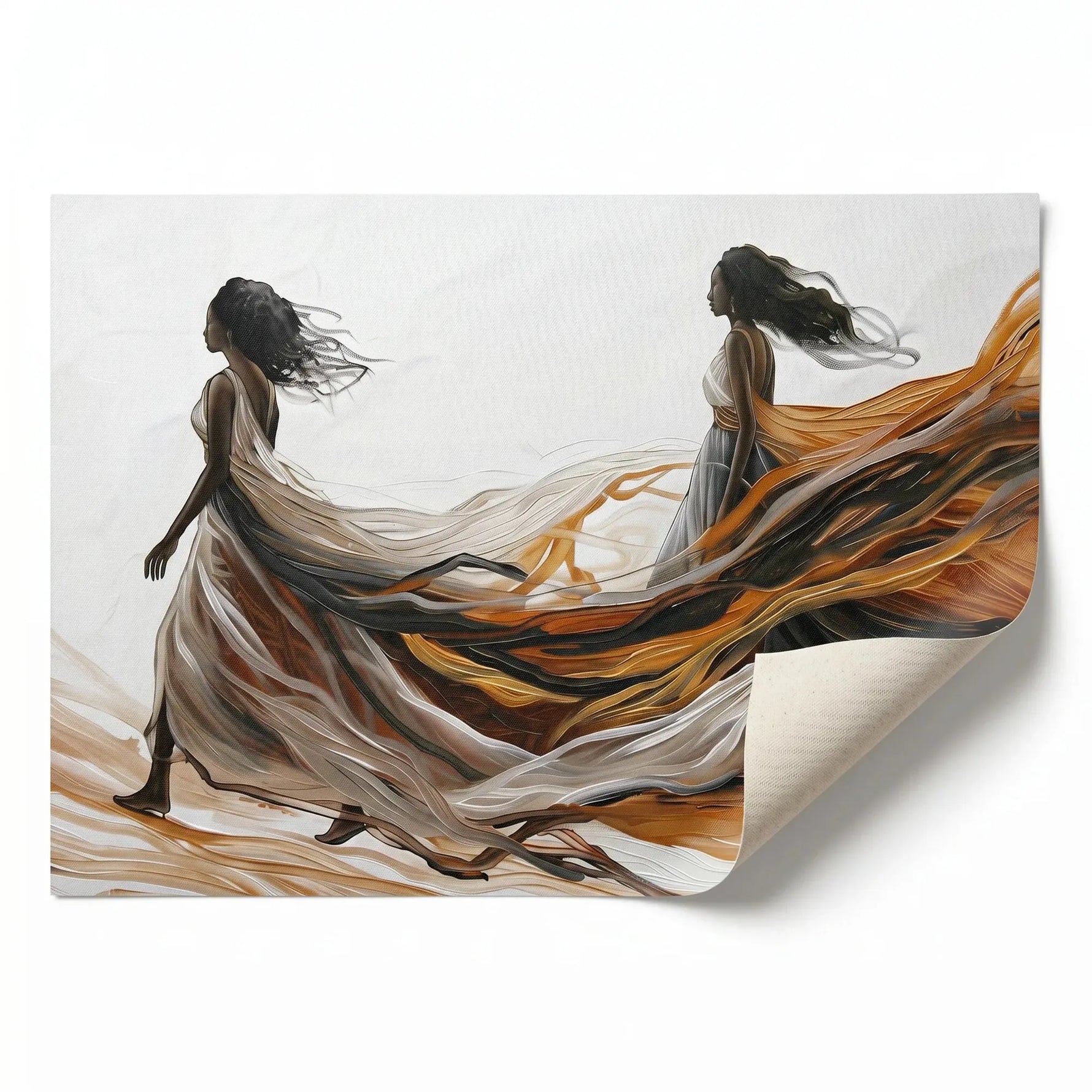 Urban Black aesthetic wall art rolled canvas print ready for custom framing, abstract two Black women walking free. Digital mockup.