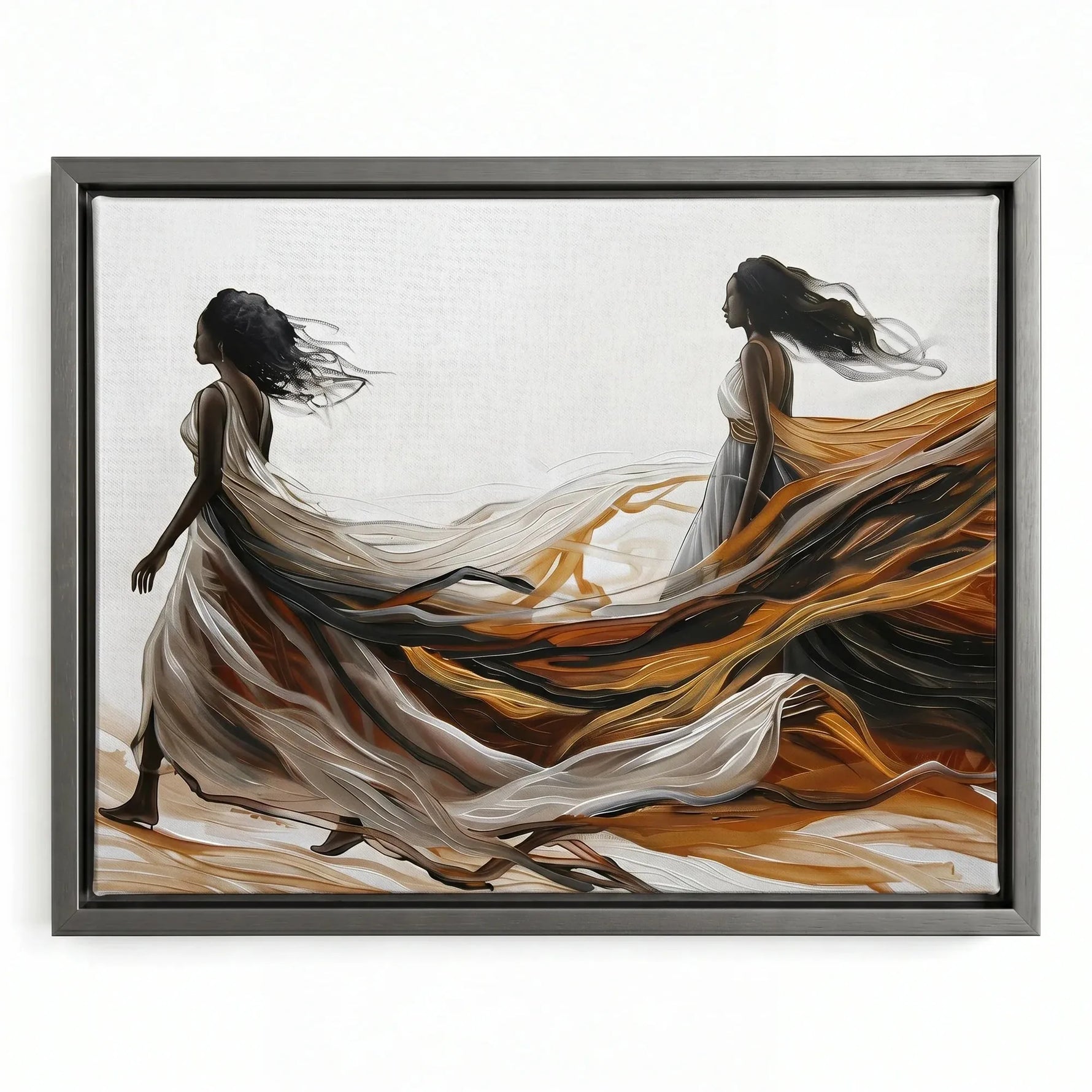 Urban Black aesthetic wall art in silver floating frame, modern abstract two Black women in flowing gowns. Digital mockup.