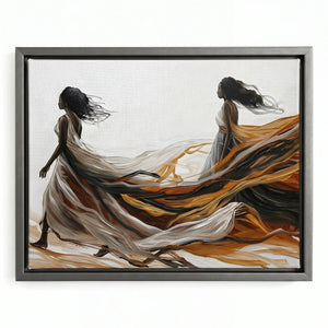 Urban Black aesthetic wall art in silver floating frame, modern abstract two Black women in flowing gowns. Digital mockup.