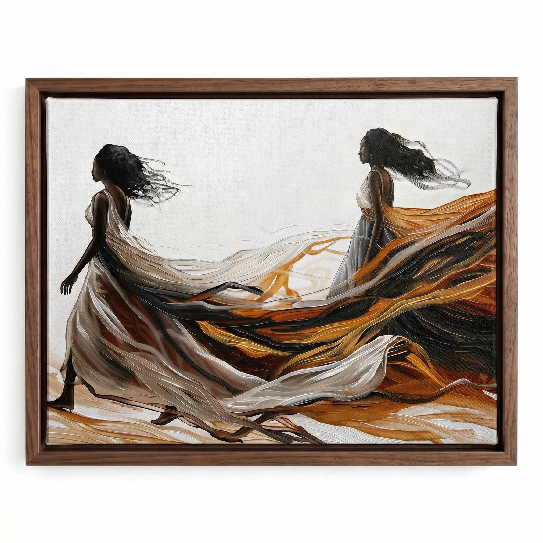 Urban Black aesthetic wall art in walnut floating frame, abstract two Black women in white flowing gowns. Digital mockup.