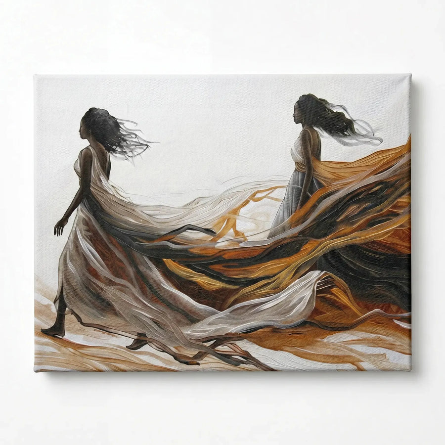 Urban Black aesthetic wall art stretched canvas, ready to hang. Abstract two Black women walking free in gowns. Digital mockup.