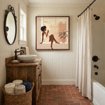Afrohemian home decor wall art in bathroom with farmhouse bathroom, vessel sink on reclaimed wood vanity, beadboard walls. Digital mockup.