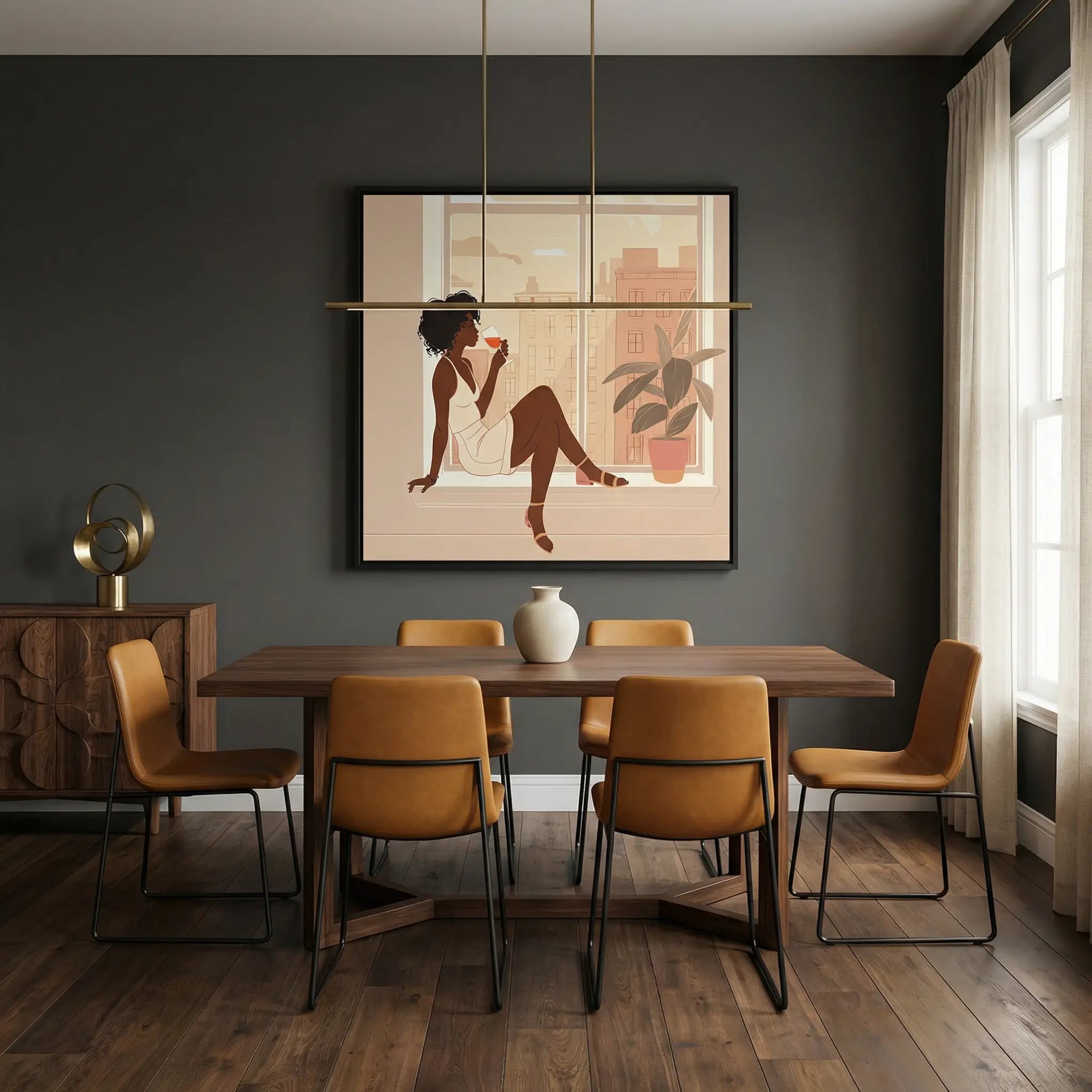 Urban Black aesthetic wall art in dining room with Modern dark dining room with walnut table, caramel leather chairs, brass. Digital mockup.