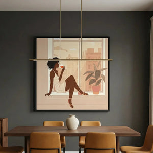 Urban Black aesthetic wall art in dark moody dining room with cognac leather chairs, Black woman wine illustration. Digital mockup.