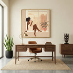 Afrocentric in home office with Mid century home office with walnut desk, leather chair and African mask. Digital mockup.