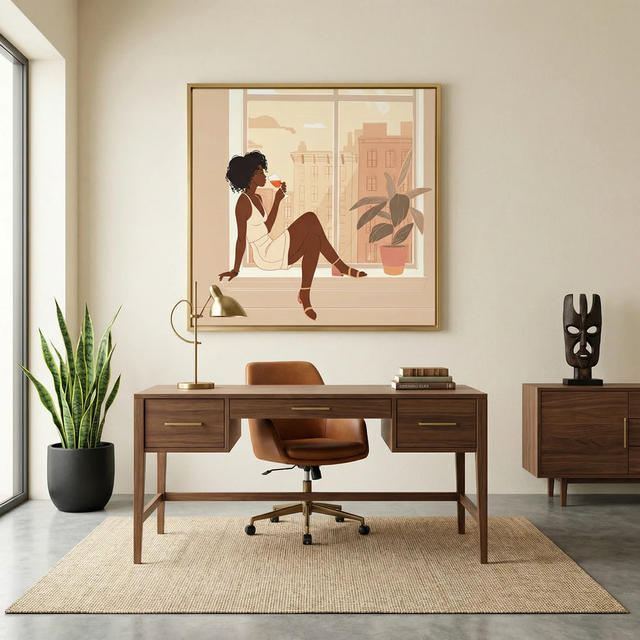 Afrocentric in home office with Mid century home office with walnut desk, leather chair and African mask. Digital mockup.