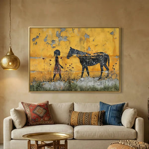 Black art for living room in farmhouse style with shiplap and brick fireplace, Black girl with horse on yellow wall, stencil. Digital mockup.