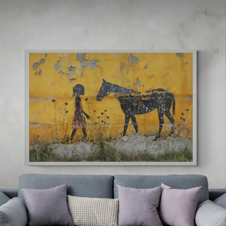 Urban Black aesthetic wall art in modern living room with gray sectional and concrete walls, Black girl with horse, stencil. Digital mockup.