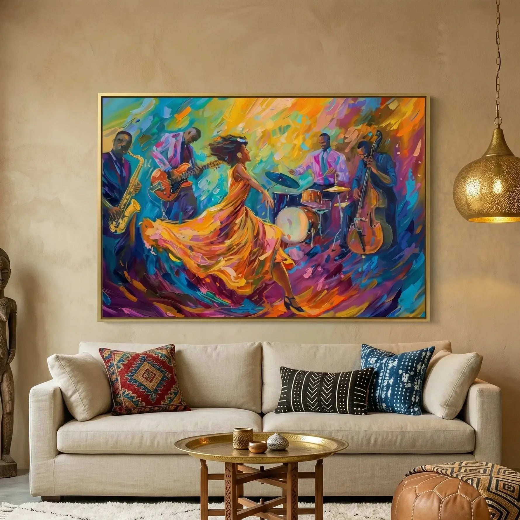 Modern African American art in Moroccan plaster living room with cream sofa and African statue, Black jazz quartet dancer. Digital mockup.