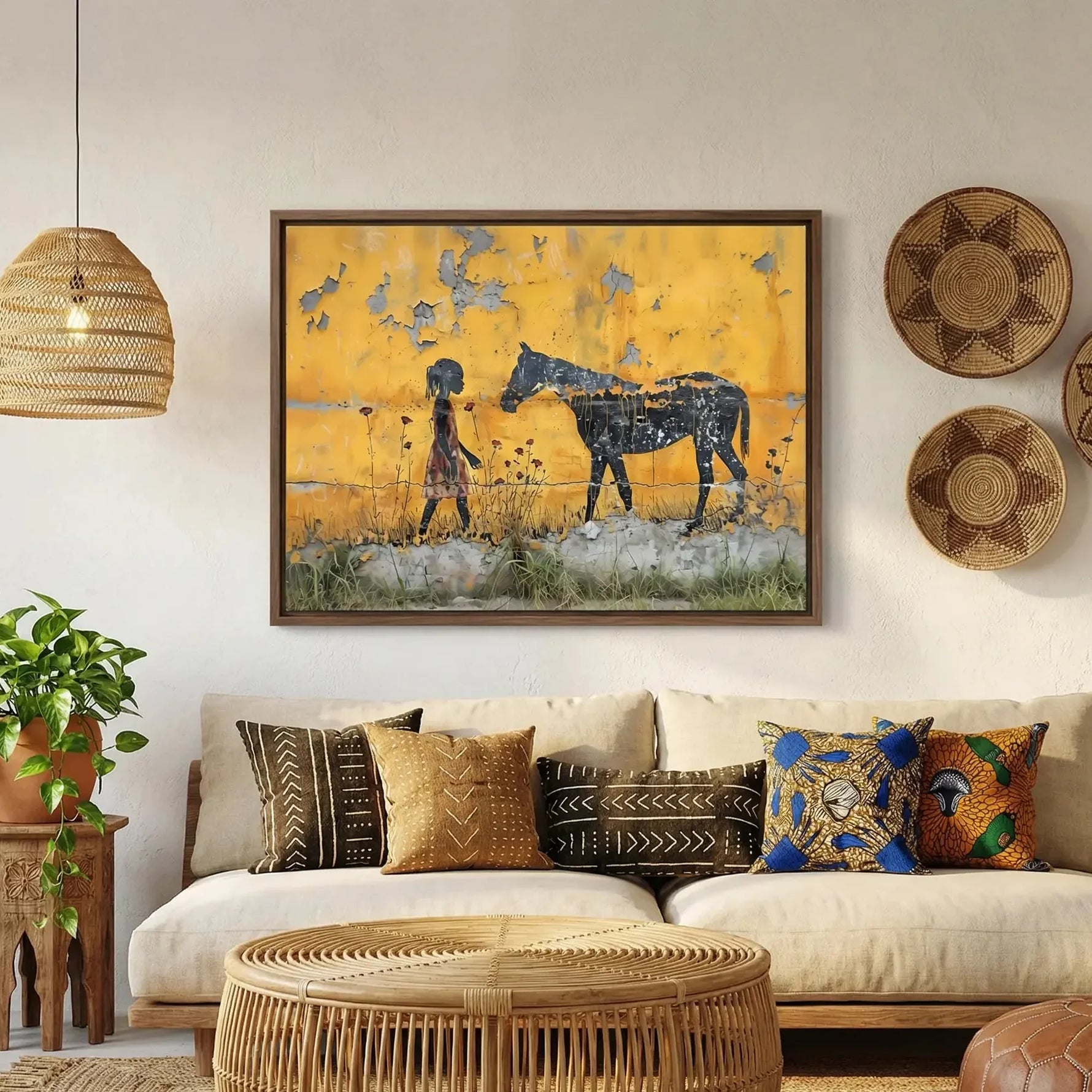 Urban Black aesthetic wall art in afrohemian living room with mudcloth pillows and African baskets, Black girl with horse. Digital mockup.