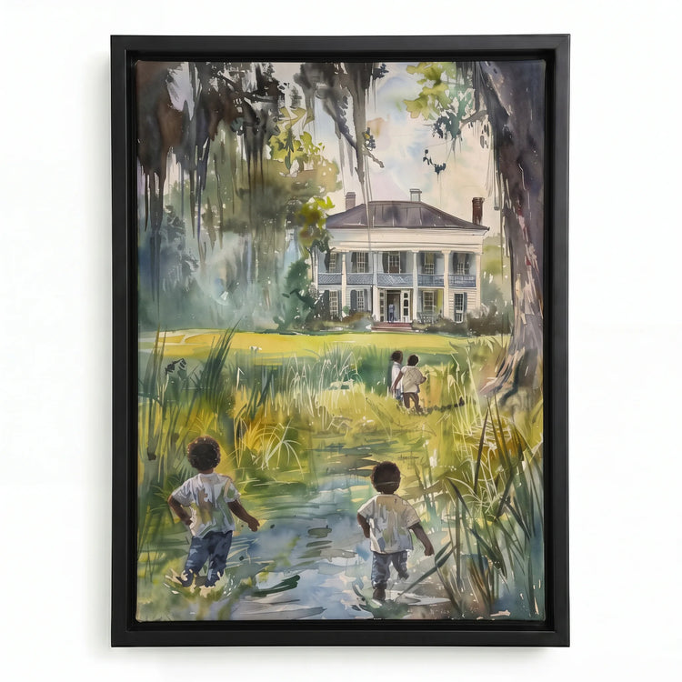 Way Home canvas in black floating frame, Gullah Geechee lowcountry watercolor. Digital mockup.