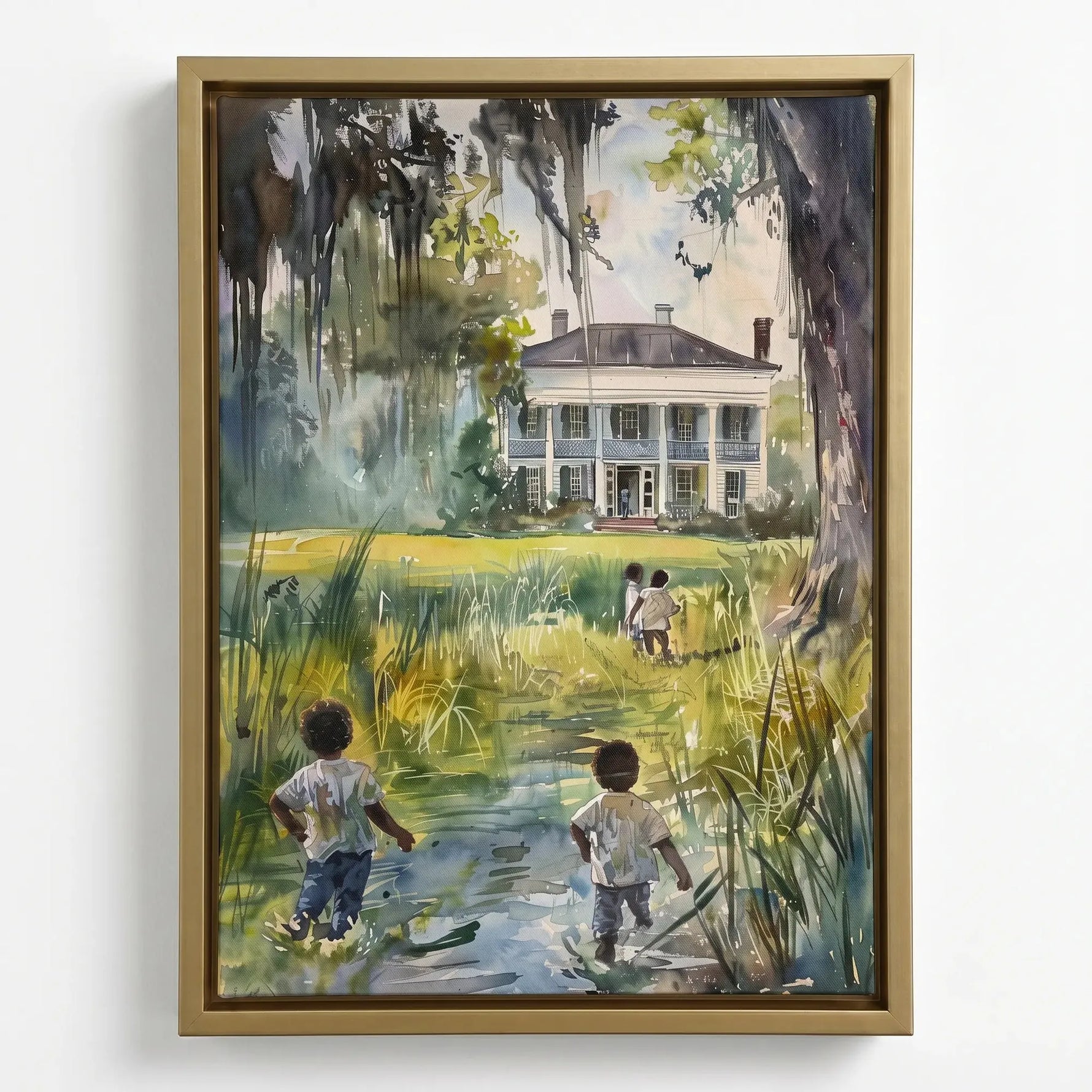 Gullah Geechee lowcountry watercolor in gold floating frame, Black children walking through Spanish moss marsh. Digital mockup.