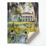 Gullah Geechee lowcountry watercolor rolled canvas print ready for custom framing, Black children walking to southern home. Digital mockup.