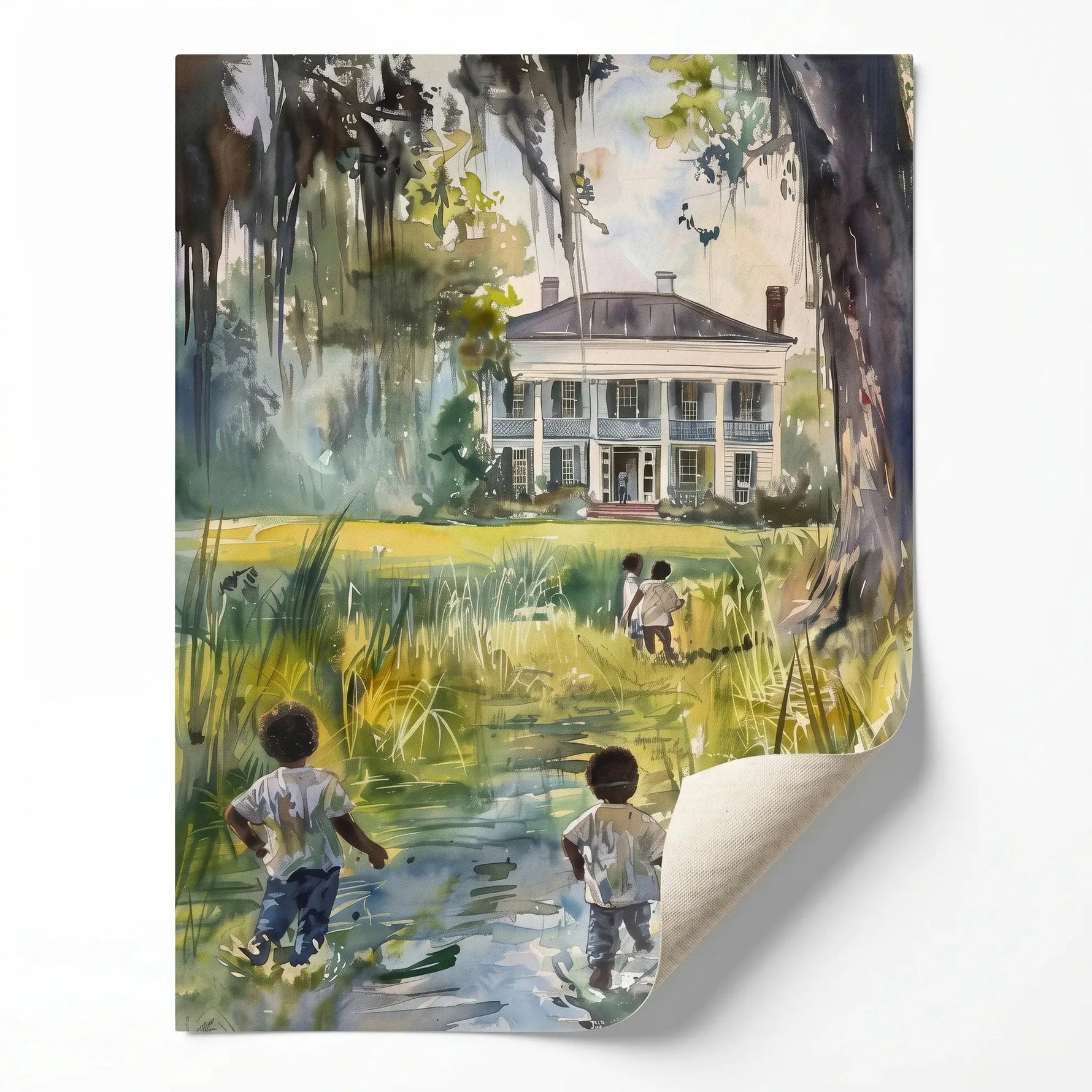 Gullah Geechee lowcountry watercolor rolled canvas print ready for custom framing, Black children walking to southern home. Digital mockup.