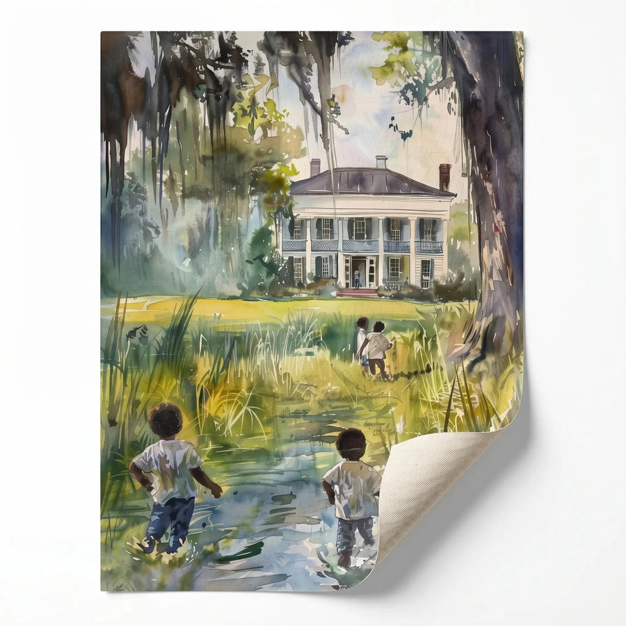 Gullah Geechee lowcountry watercolor rolled canvas print ready for custom framing, Black children walking to southern home. Digital mockup.