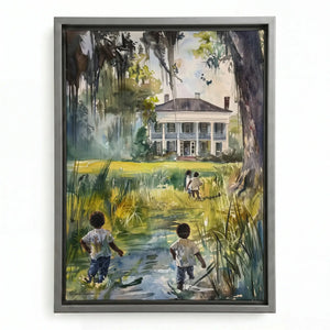 Gullah Geechee lowcountry watercolor in silver floating frame, Black children walking to southern home heritage art. Digital mockup.