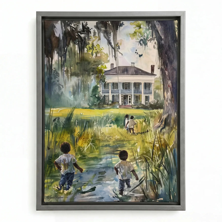 Gullah Geechee lowcountry watercolor in silver floating frame, Black children walking to southern home heritage art. Digital mockup.
