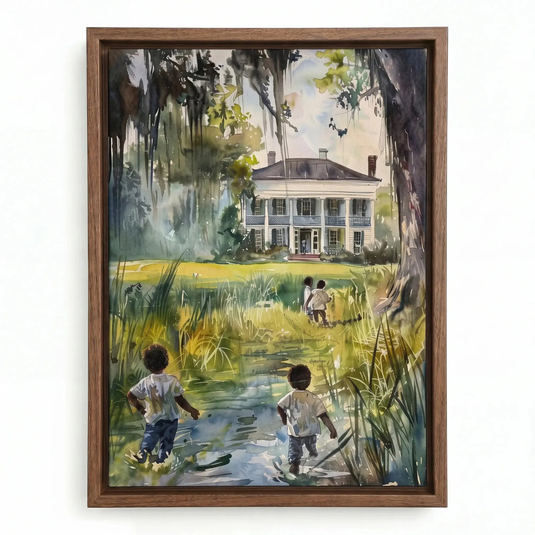 Gullah Geechee lowcountry watercolor in walnut floating frame, Black children walking to antebellum house heritage scene. Digital mockup.