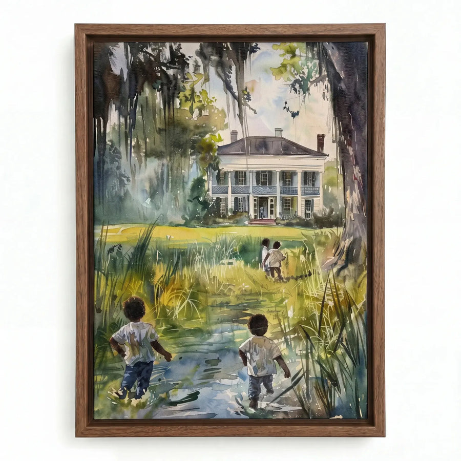 Gullah Geechee lowcountry watercolor in walnut floating frame, Black children walking to antebellum house heritage scene. Digital mockup.