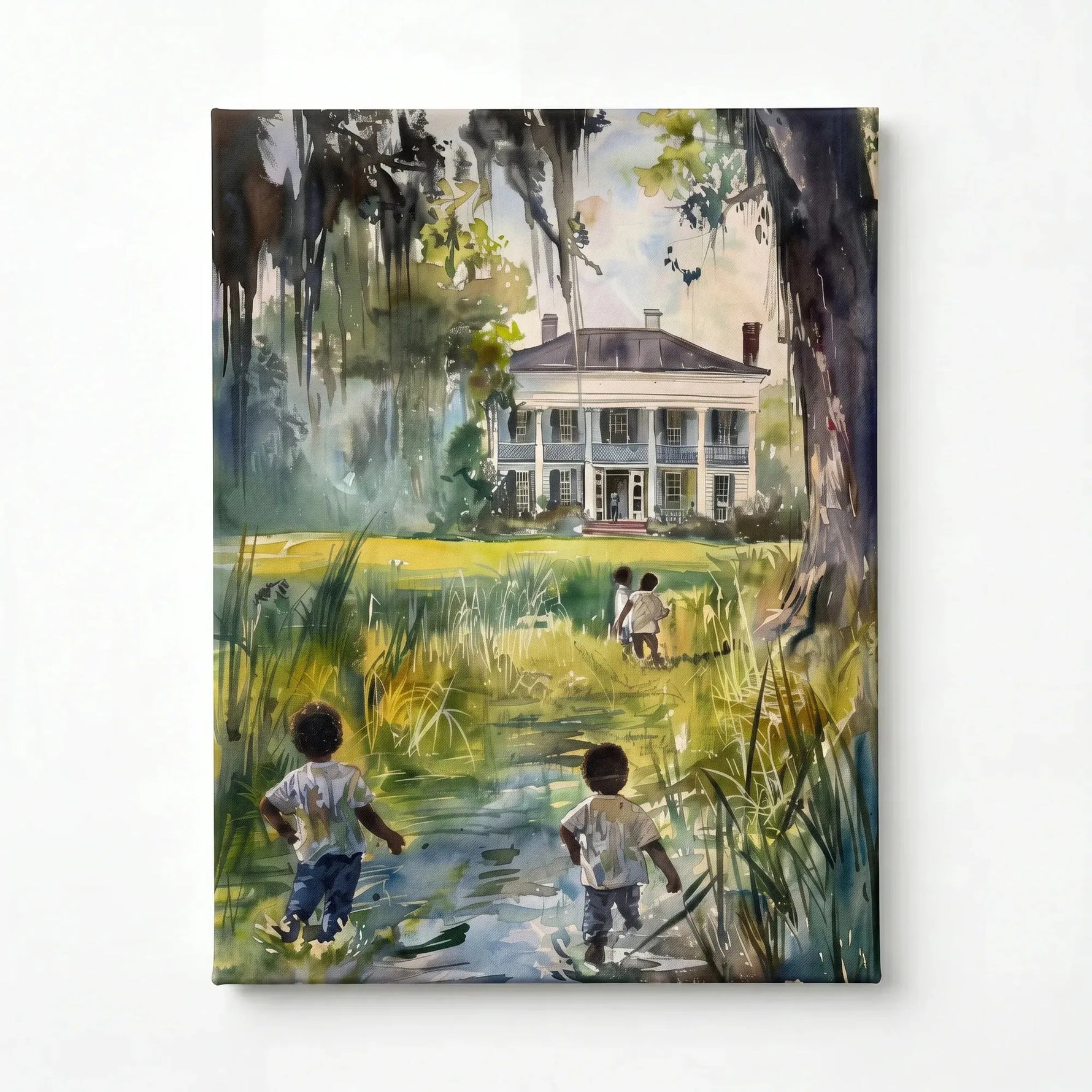 Gullah Geechee lowcountry watercolor stretched canvas, ready to hang. Black children walking through marsh to plantation home. Digital mockup.