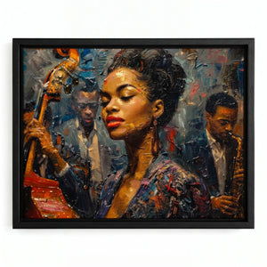 Harlem Renaissance art in black floating frame, bold oil painting of young Black jazz singer with red lips and band. Digital mockup.