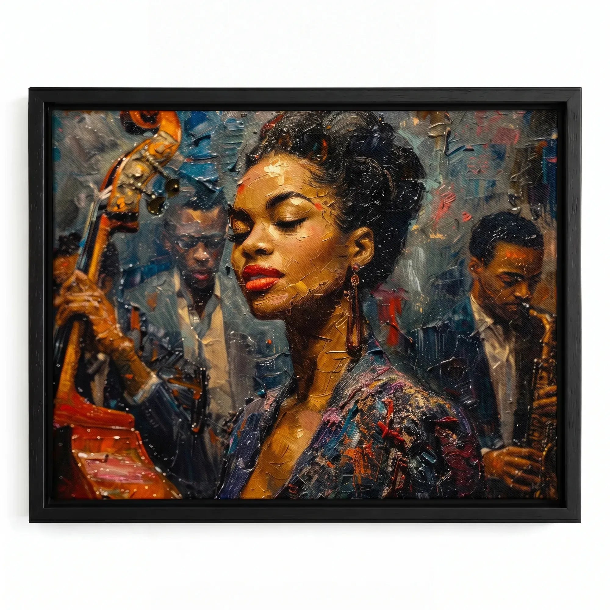 Harlem Renaissance art in black floating frame, bold oil painting of young Black jazz singer with red lips and band. Digital mockup.