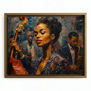 Harlem Renaissance art in gold floating frame, textured oil painting of young Black jazz songstress with band. Digital mockup.