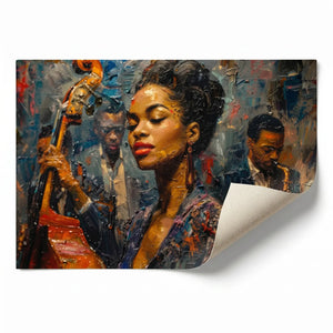 Harlem Renaissance art rolled canvas print ready for custom framing, young Ella Fitzgerald jazz portrait, abstract painting. Digital mockup.