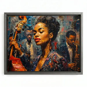 Harlem Renaissance art in silver floating frame, modern bold Black jazz singer portrait with vintage band, abstract painting. Digital mockup.