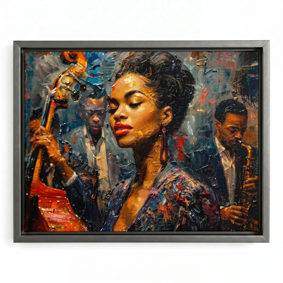 Harlem Renaissance art in silver floating frame, modern bold Black jazz singer portrait with vintage band, abstract painting. Digital mockup.