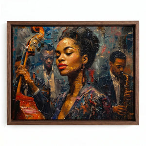 Harlem Renaissance art in walnut floating frame, vibrant oil painting of Black jazz singer with bassist and sax player. Digital mockup.