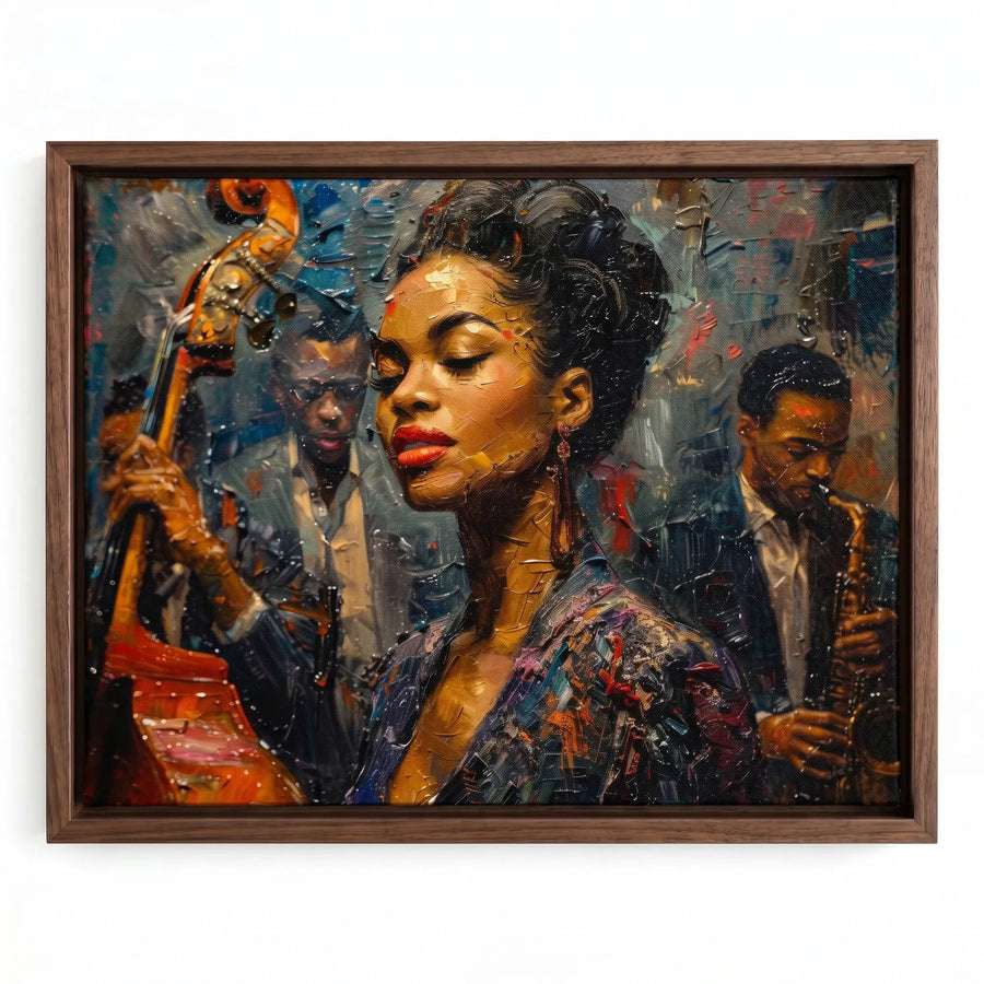 Harlem Renaissance art in walnut floating frame, vibrant oil painting of Black jazz singer with bassist and sax player. Digital mockup.
