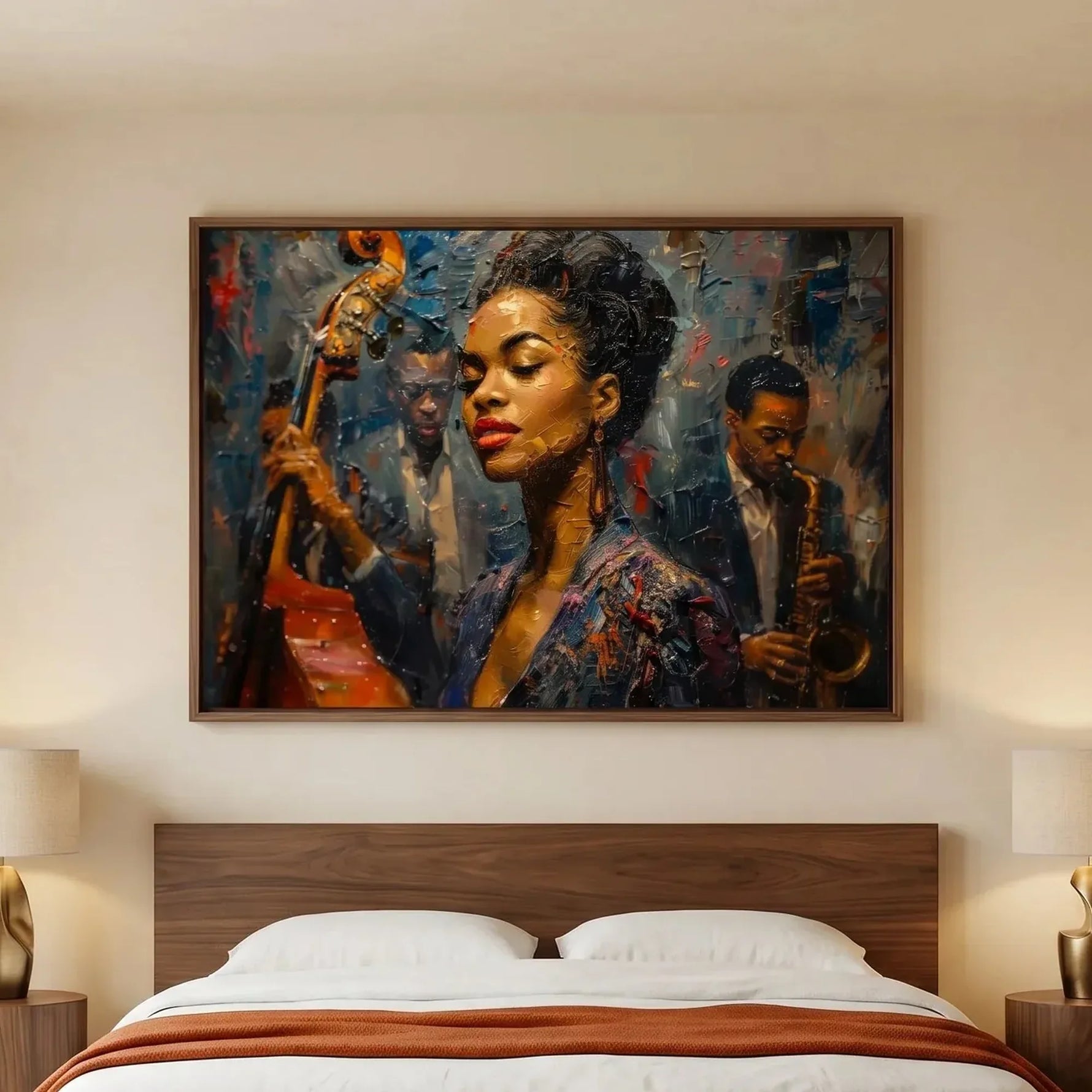 African American art for bedroom in modern style with walnut platform bed and brass lamps, young Ella Fitzgerald art. Digital mockup.