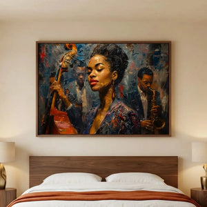African American art for bedroom in modern style with walnut platform bed and brass lamps, young Ella Fitzgerald art. Digital mockup.
