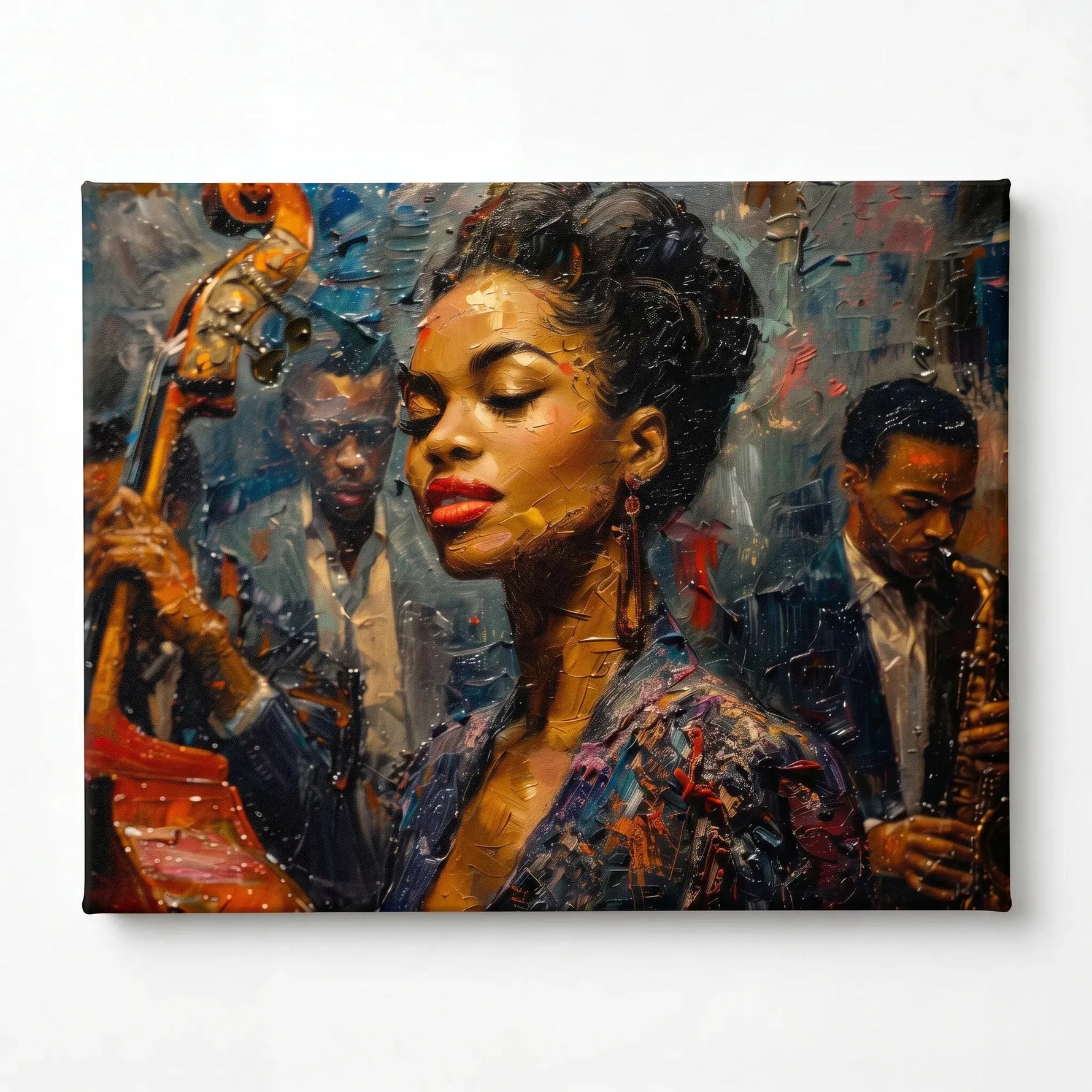Harlem Renaissance art stretched canvas, ready to hang. Bold oil painting of young Ella Fitzgerald with jazz band. Digital mockup.