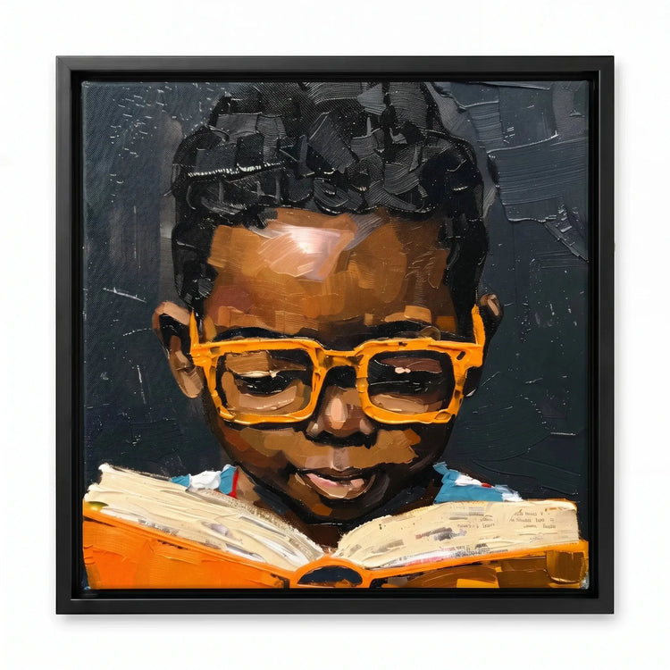 Black boy reading art in black floating frame, textured oil painting Black boy in orange glasses absorbed in book. Digital mockup.