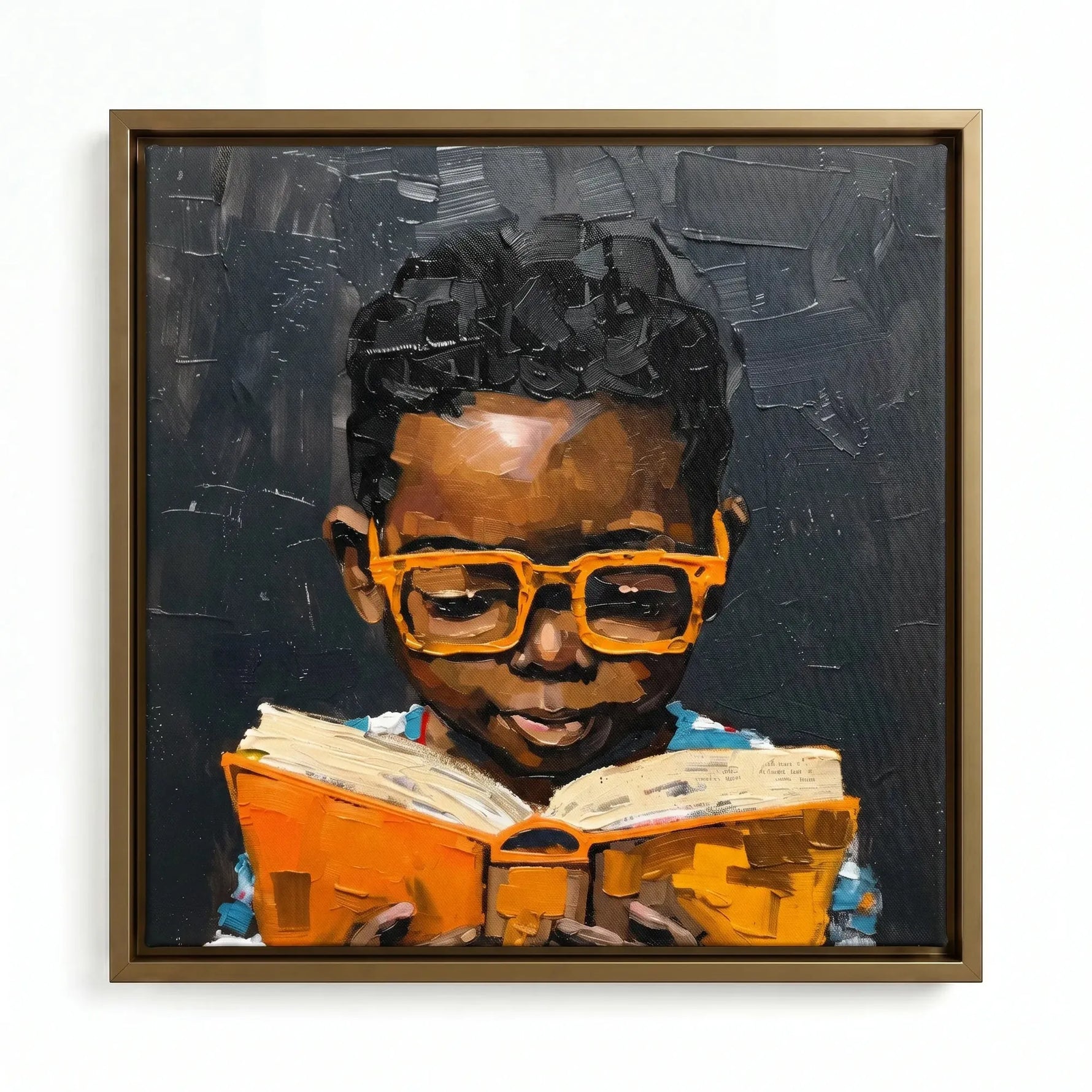 Black boy reading art in gold floating frame, oil painting young Black boy with orange glasses reading book. Digital mockup.