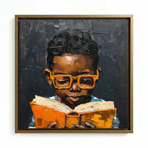 Black boy reading art in gold floating frame, oil painting young Black boy with orange glasses reading book. Digital mockup.