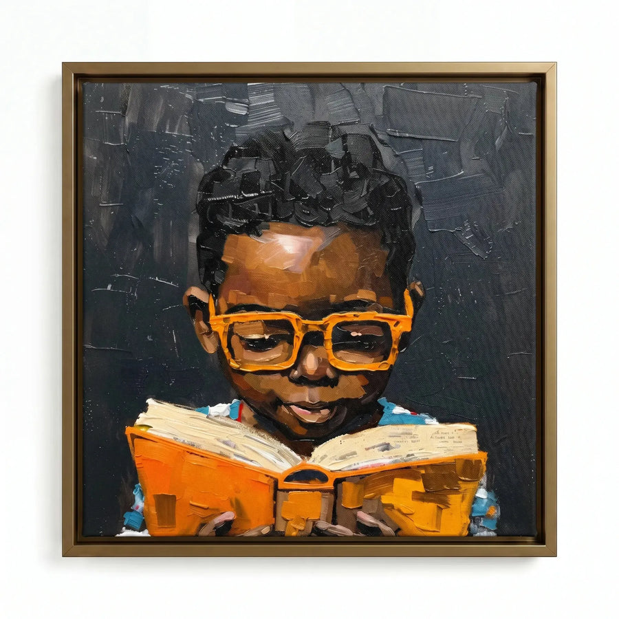 Black boy reading art in gold floating frame, oil painting young Black boy with orange glasses reading book. Digital mockup.