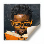 Black boy reading art rolled canvas print ready for custom framing, Black boy in orange glasses reading book. Digital mockup.