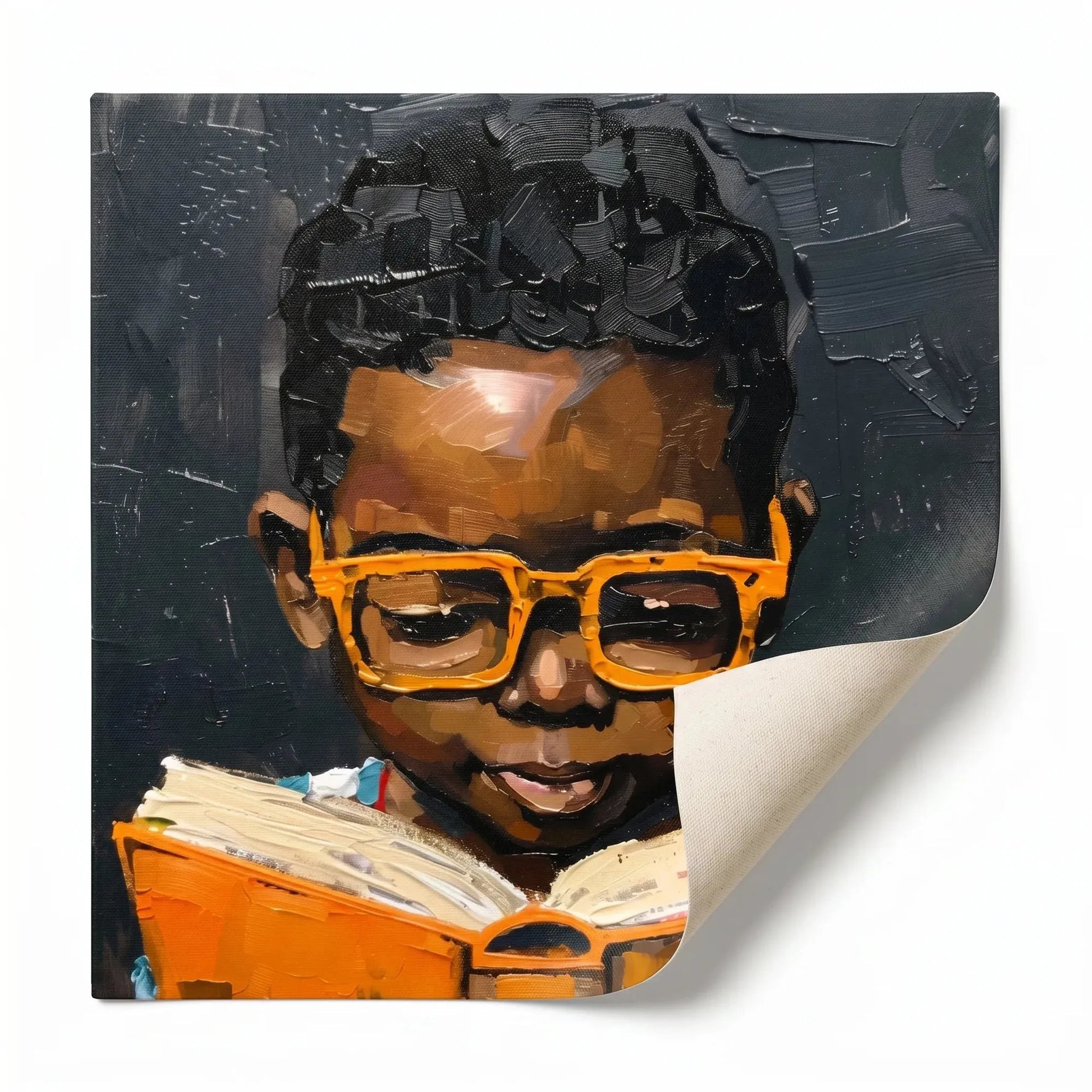 Black boy reading art rolled canvas print ready for custom framing, Black boy in orange glasses reading book. Digital mockup.