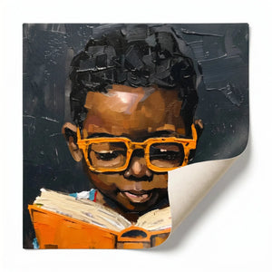 Black boy reading art rolled canvas print ready for custom framing, Black boy in orange glasses reading book. Digital mockup.