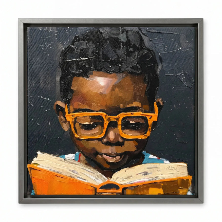 Black boy reading art in silver floating frame, modern oil painting Black boy in orange glasses reading mustard book. Digital mockup.
