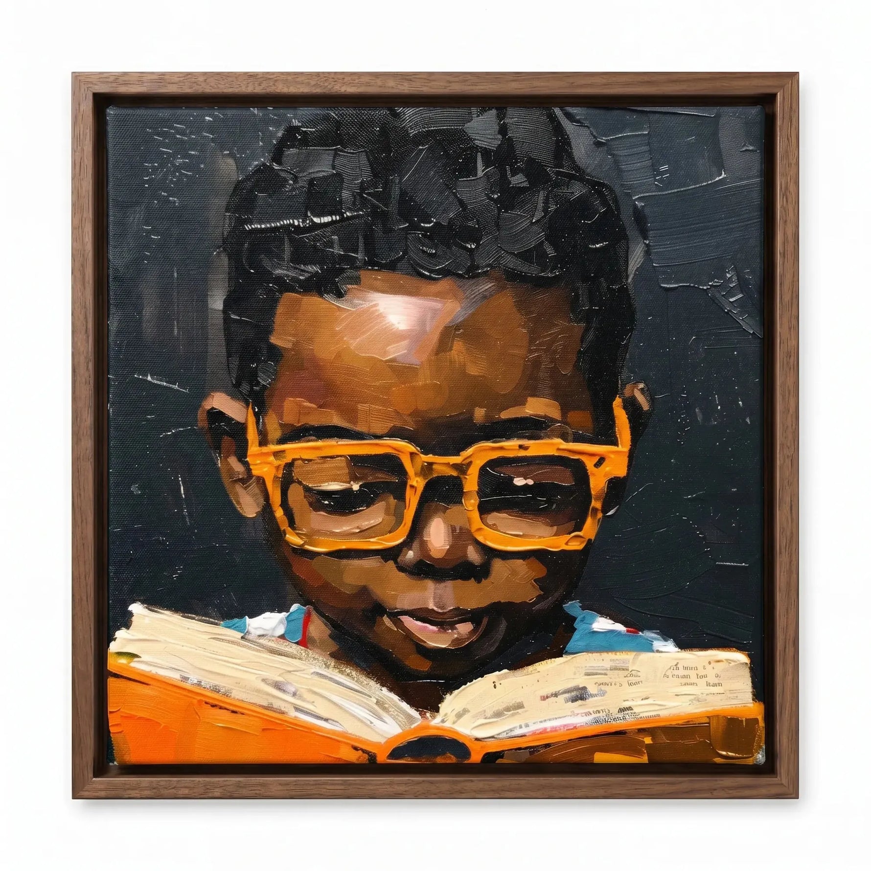 Black boy reading art in walnut floating frame, impasto Black boy in orange glasses reading mustard book. Digital mockup.