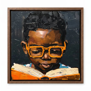 Black boy reading art in walnut floating frame, impasto Black boy in orange glasses reading mustard book. Digital mockup.