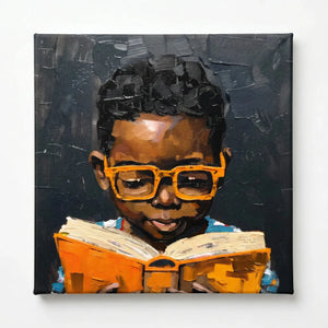 Black boy reading art stretched canvas, ready to hang. Oil painting Black boy in orange glasses reading book. Digital mockup.